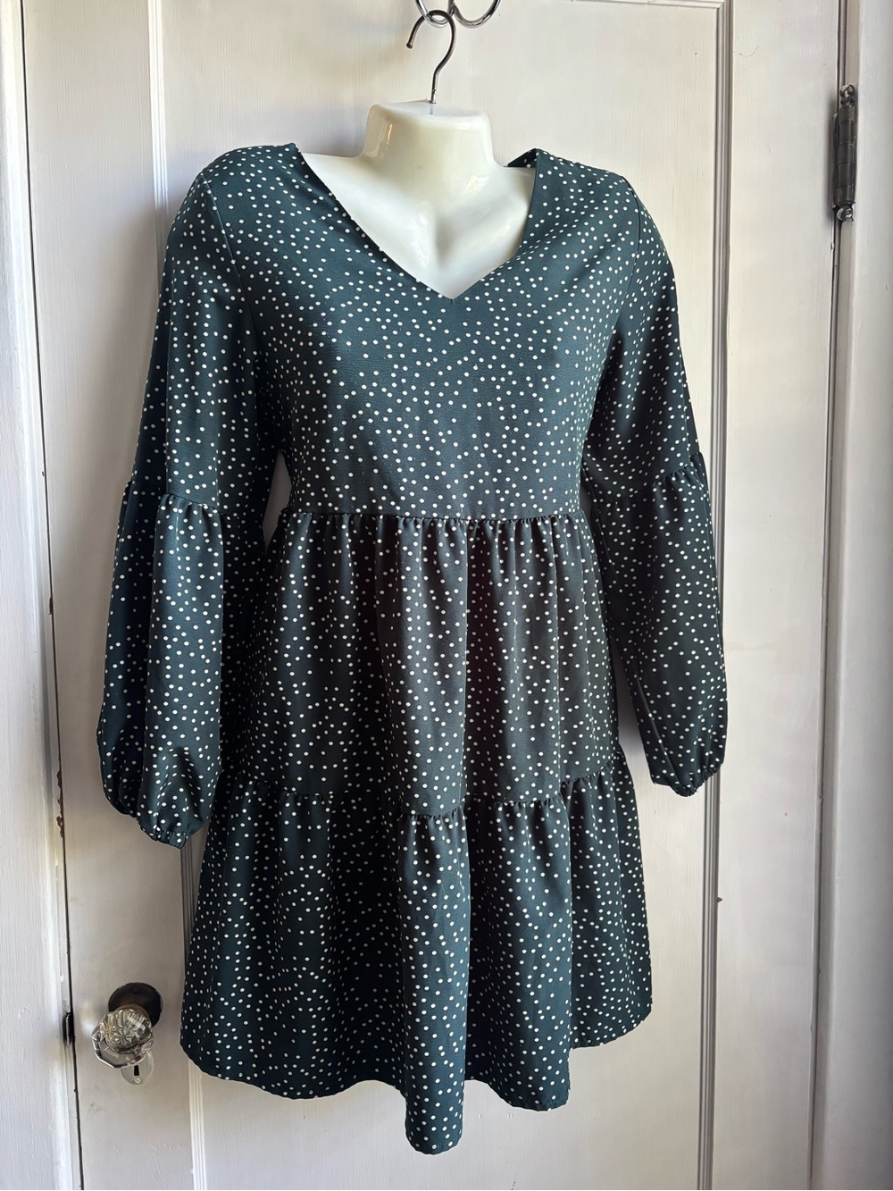 Polka Dot V-Neck Tiered Mini Dress - Dark Green